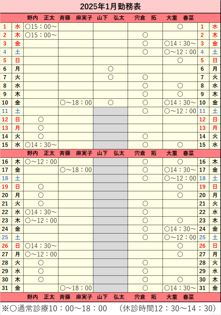 2025年1月シフト表